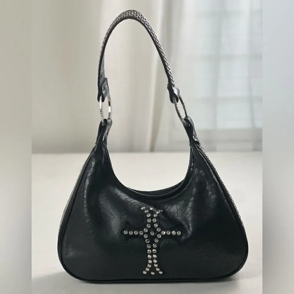 Raviani Black Leather Swarovski Crystal & Rivets Shoulder Bag